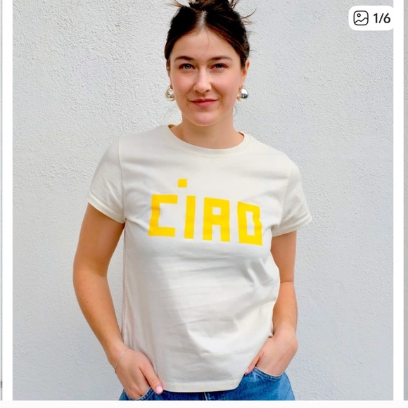 NWOT Clare V Ciao Tee Shirt Marigold and White - Picture 1 of 4